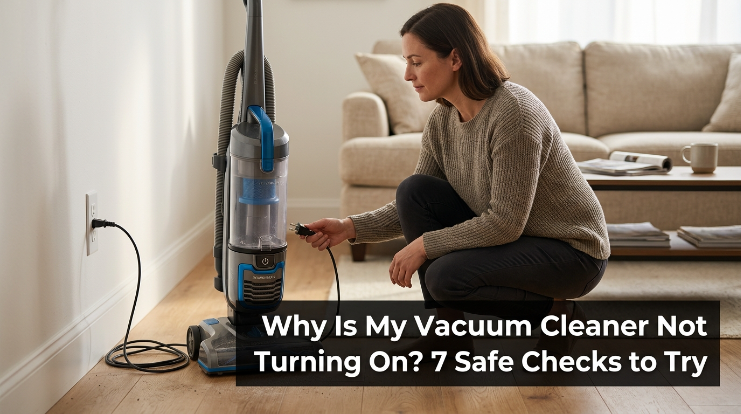Homeowner checking why a vacuum cleaner is not turning on beside a wall outlet