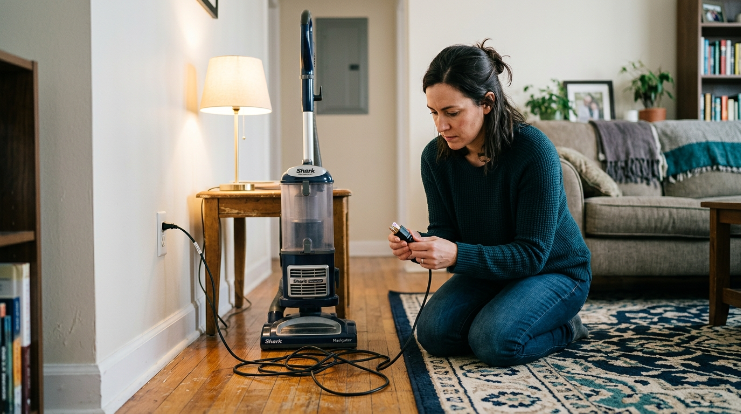 Homeowner checking a corded vacuum plug and outlet after the vacuum will not turn on