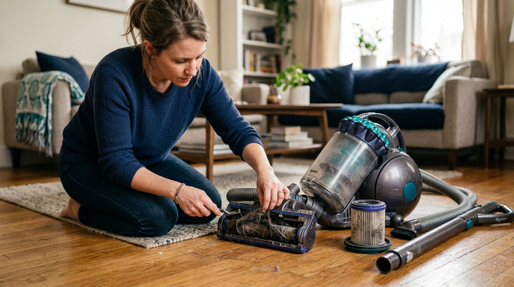 Dirty vacuum filter, clogged hose, and tangled brush roll being safely inspected