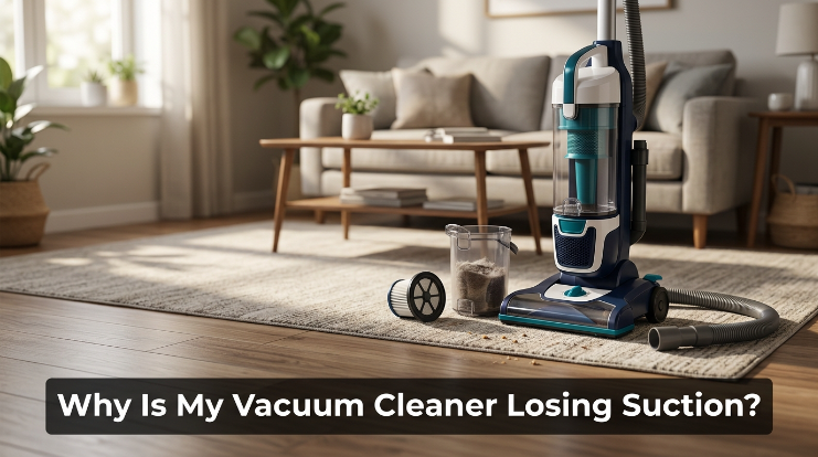 Vacuum cleaner losing suction beside filter, dust bin, hose, and debris on a living room rug