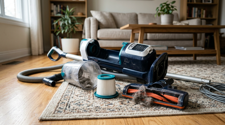 Unplugged vacuum with bin, filter, hose, wand, and floorhead separated for suction troubleshooting