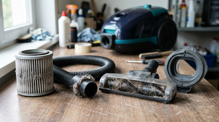 Dirty filter, blocked hose, tangled brush roll, and damaged seal shown as vacuum suction causes