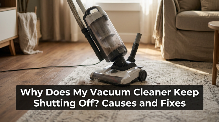 Vacuum stopped on a living room rug while troubleshooting why it keeps shutting off.