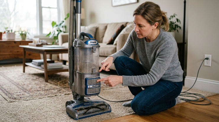 Homeowner checks vacuum heat, filter, brush roll, and dust bin after repeated shutdowns.