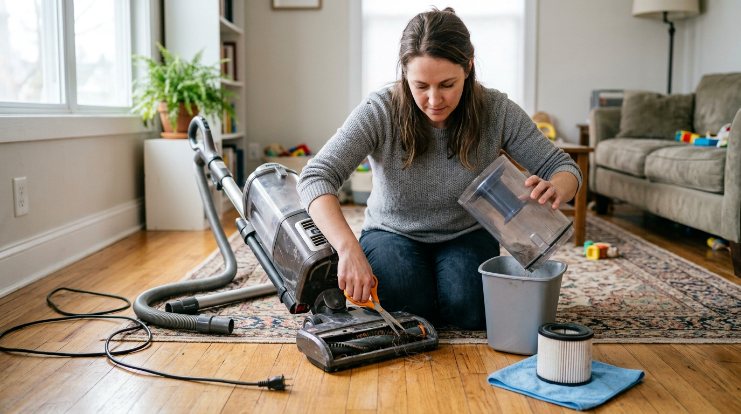 Unplugged vacuum being cleaned by checking bin, filter, hose, wand, and brush roll.