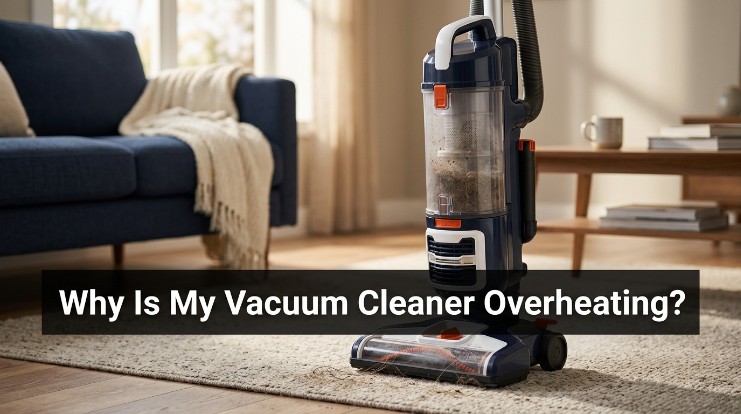verheating vacuum cleaner with full bin and tangled brush roll in a living room