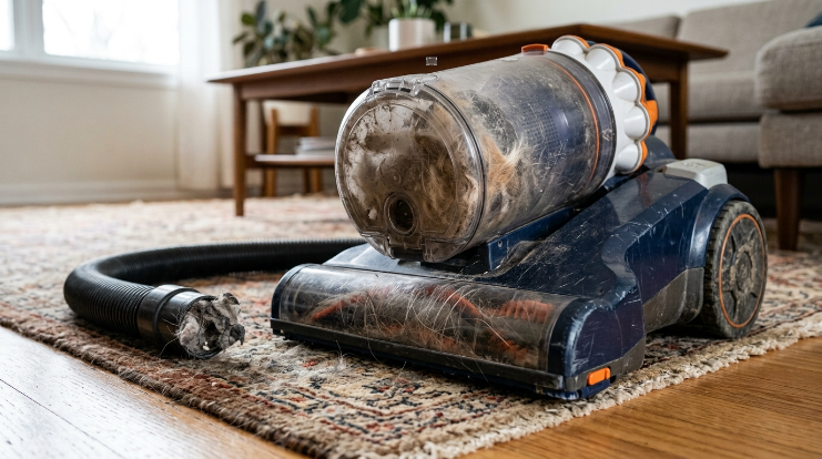 Full vacuum bin, blocked hose and tangled brush roll causing overheating
