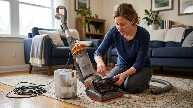 Homeowner safely inspecting an unplugged overheating vacuum cleaner