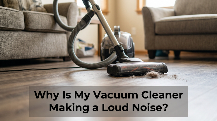 Loud vacuum cleaner in a living room being checked for unusual noise causes