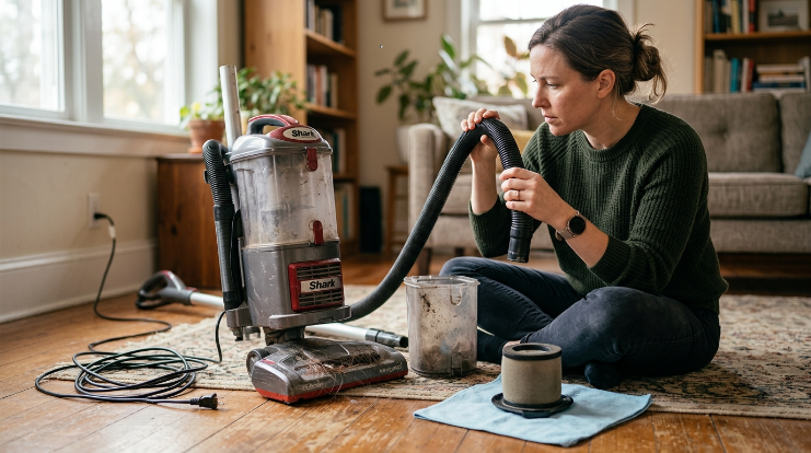 Homeowner safely checking an unplugged loud vacuum for clogs, filter buildup, and brush-roll debris