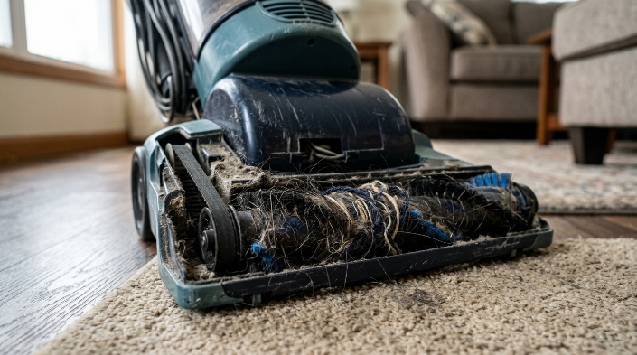 Hair tangled around vacuum brush roll beside drive belt and dusty airflow passage