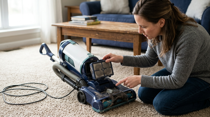 Homeowner safely inspecting vacuum brush, belt, filter, and hose after a burning smell