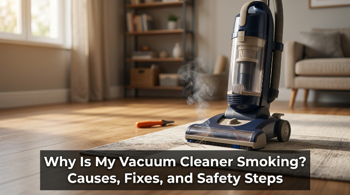 Smoking upright vacuum in a safety-focused home scene with the exact blog title.