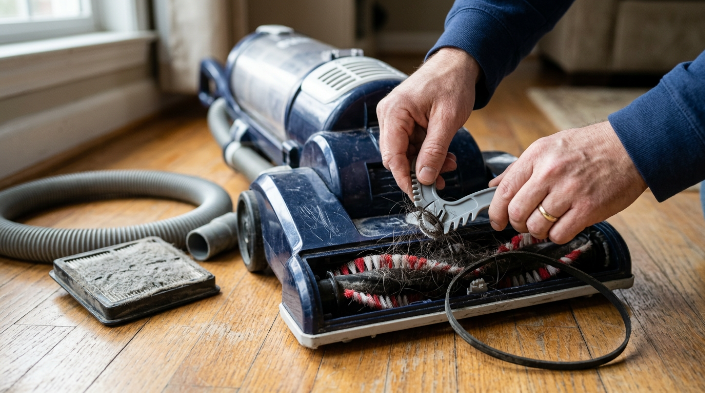 Unplugged vacuum with tangled brush roll, worn belt, hose, and filter being inspected.