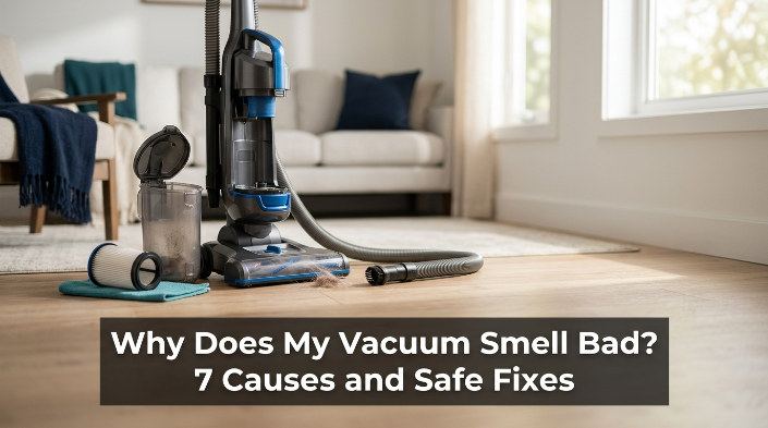 Why does my vacuum smell bad? Vacuum with filter, pet hair, bin, and hose in a home.