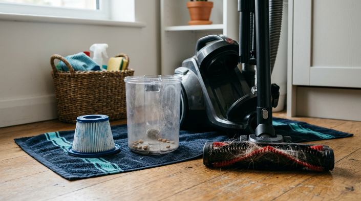 Damp vacuum filter, pet hair, crumbs, and dust showing common sources of bad vacuum smells.