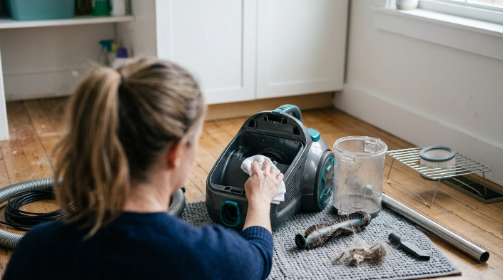 Homeowner cleaning vacuum bin, brush roll, hose, and filter to remove bad odors.