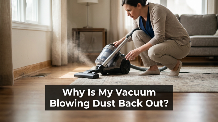 Vacuum blowing dust back out near the exhaust while a homeowner inspects the cleaner.