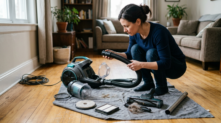 Homeowner cleaning vacuum filters, hose and brush roll to stop dust from blowing back out.