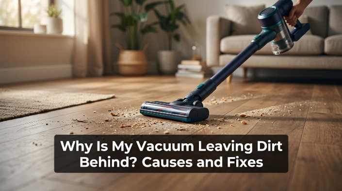 Vacuum leaving dirt behind on a household floor despite passing over crumbs and dust.
