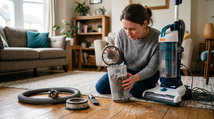 Homeowner checking a vacuum bin, filter, and hose after weak suction leaves dirt behind.