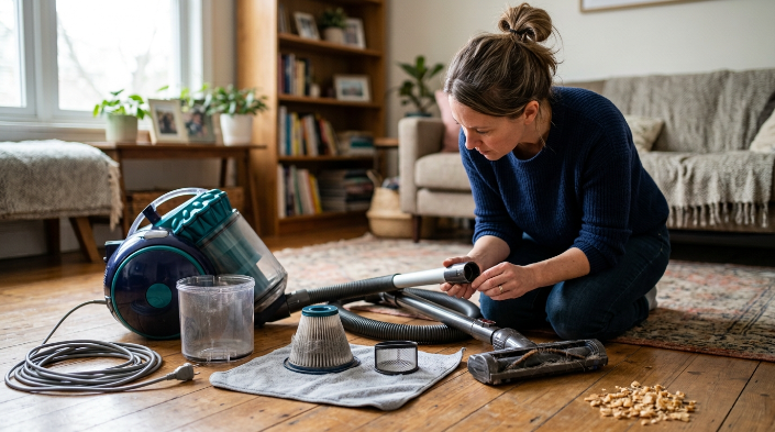 Homeowner troubleshooting a vacuum with bin, filter, hose, floorhead, brush roll, and test debris.