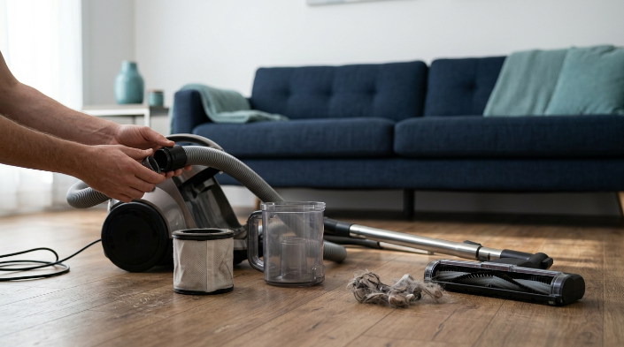 Unplugged vacuum with bin, filter, hose and floorhead being checked for pickup problems