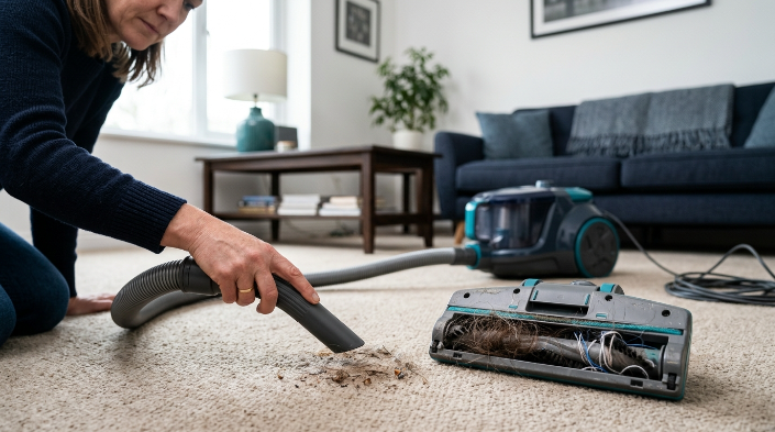 Vacuum hose suction test beside a tangled brush roll causing poor floor pickup
