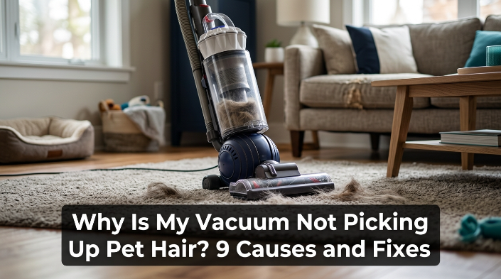 Vacuum struggling to remove pet hair from a living room carpet