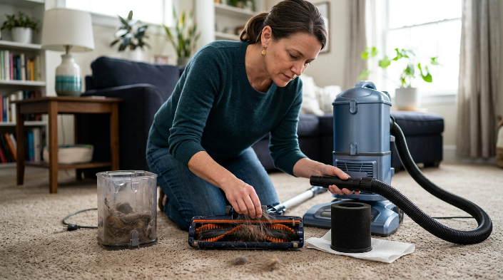 Homeowner checking vacuum bin, filter, hose and tangled brush roll for pet hair problems