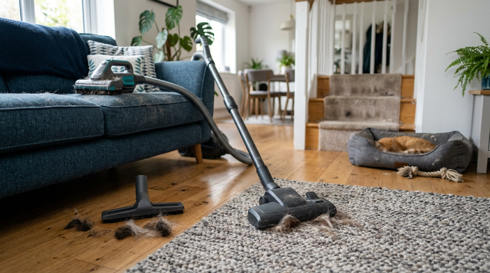Vacuum pet tools shown for carpet, hard floors, sofa upholstery and pet beds