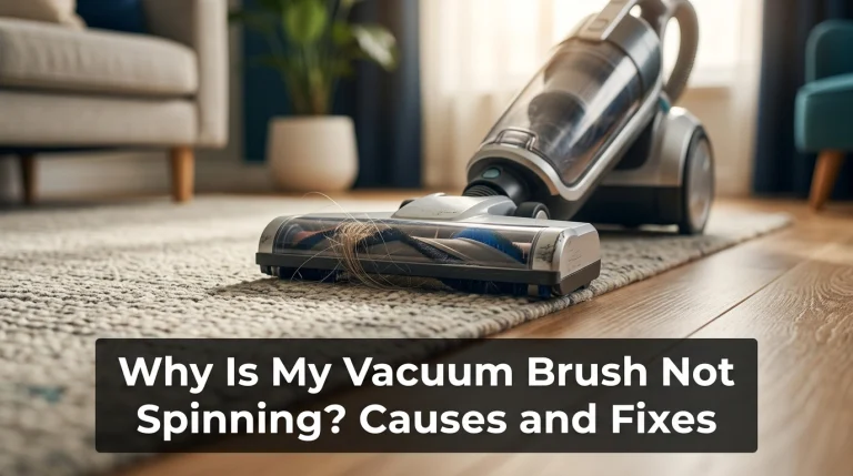 Vacuum floor head with tangled brush roll showing why a vacuum brush is not spinning