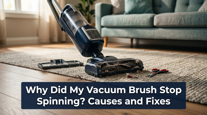 Vacuum floorhead with tangled brush roll showing why a vacuum brush stopped spinning.