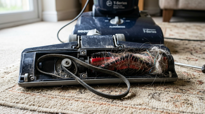 Tangled vacuum roller and loose belt illustrating causes of a vacuum brush not spinning.