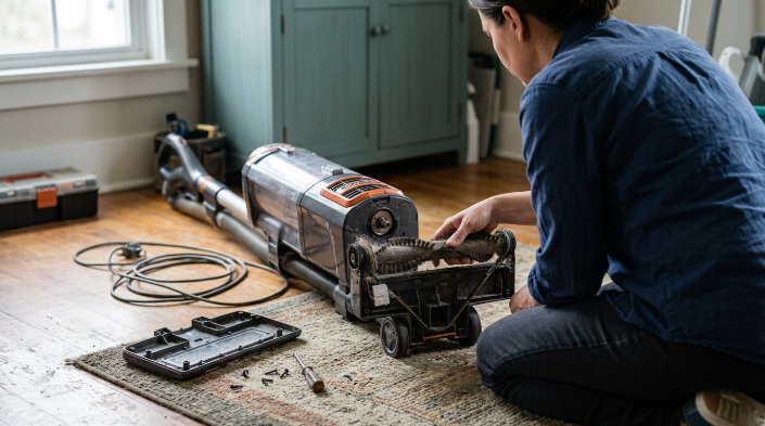 Homeowner testing a vacuum roller by hand to diagnose brush, belt, or motor failure.
