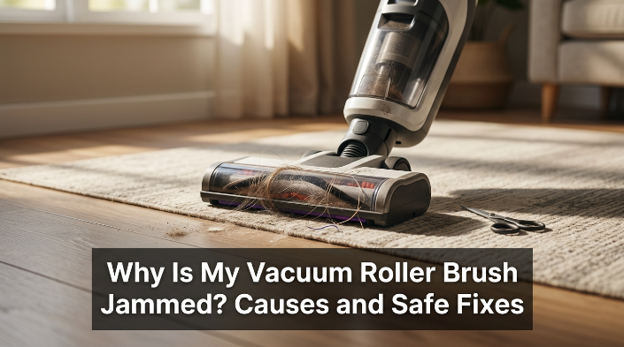 Jammed vacuum roller brush with hair and thread wrapped around the floorhead