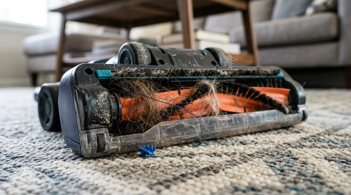 Hair, pet fur and thread tangled around a jammed vacuum roller brus