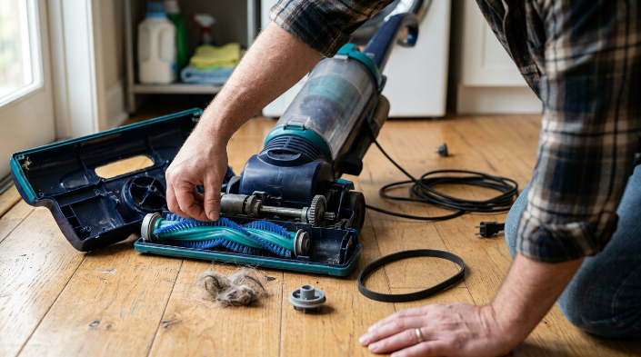Vacuum roller, belt and end cap inspected to diagnose a brush roll problem