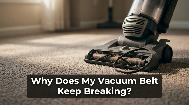 Broken vacuum belt beside hair-tangled brush roll showing common causes of repeated belt failure