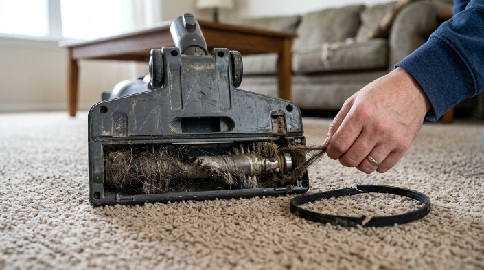 Hair tangled around vacuum brush roll ends beside a broken belt causing excess resistance