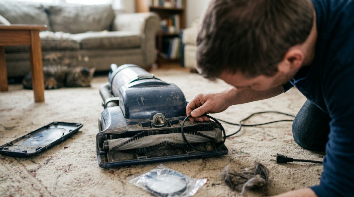 Person installing vacuum belt flat around brush roll after cleaning debris and checking roller alignment