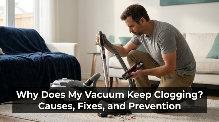 Homeowner inspecting a clogged vacuum hose and floorhead after repeated suction problems.
