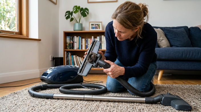Person checking vacuum floorhead, wand, and hose for a hidden hair clog.