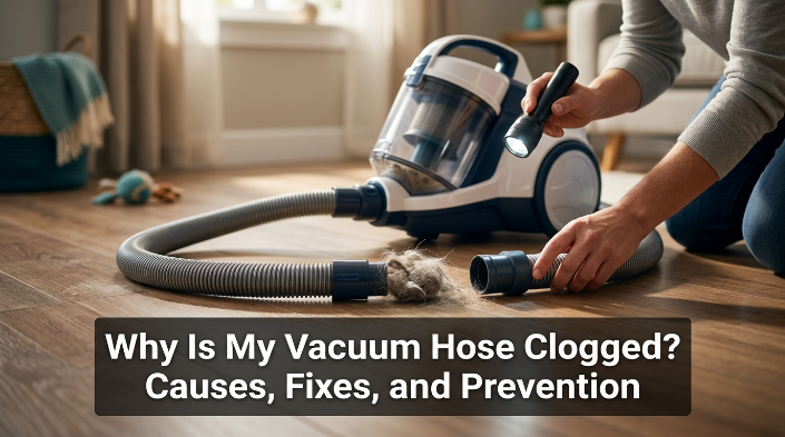 Clogged vacuum hose with hair and lint being inspected for weak suction