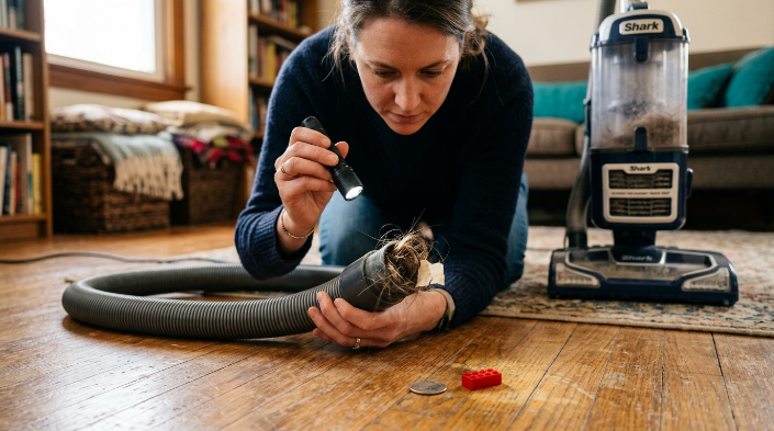 Hair, pet fur, lint and debris lodged inside a flexible vacuum hose