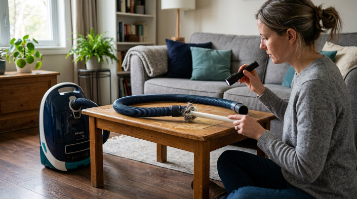 Homeowner safely clearing a clogged vacuum hose with flashlight and blunt tool