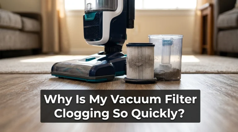 Why is my vacuum filter clogging so quickly? Dust-loaded filter beside a household vacuum.
