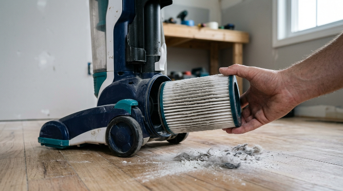Why is my vacuum filter clogging so quickly? Fine dust coating pleated vacuum filter media.