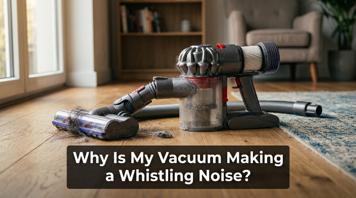 Vacuum being checked for airflow problems causing a high-pitched whistling noise.