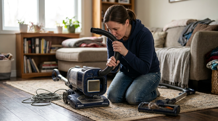 Homeowner checking vacuum hose, floorhead, and filter to locate a whistling noise.